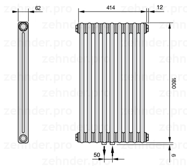 Схема (чертеж) Радиатор Zehnder Charleston 2180/9 №5410 Technoline TL